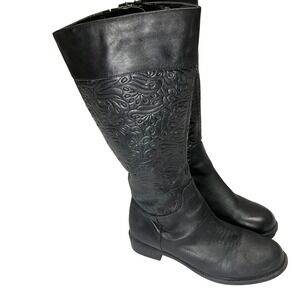 David Tate Black Leather Embossed Tall Boots Womens 8W Wide Side Zip Equestrian